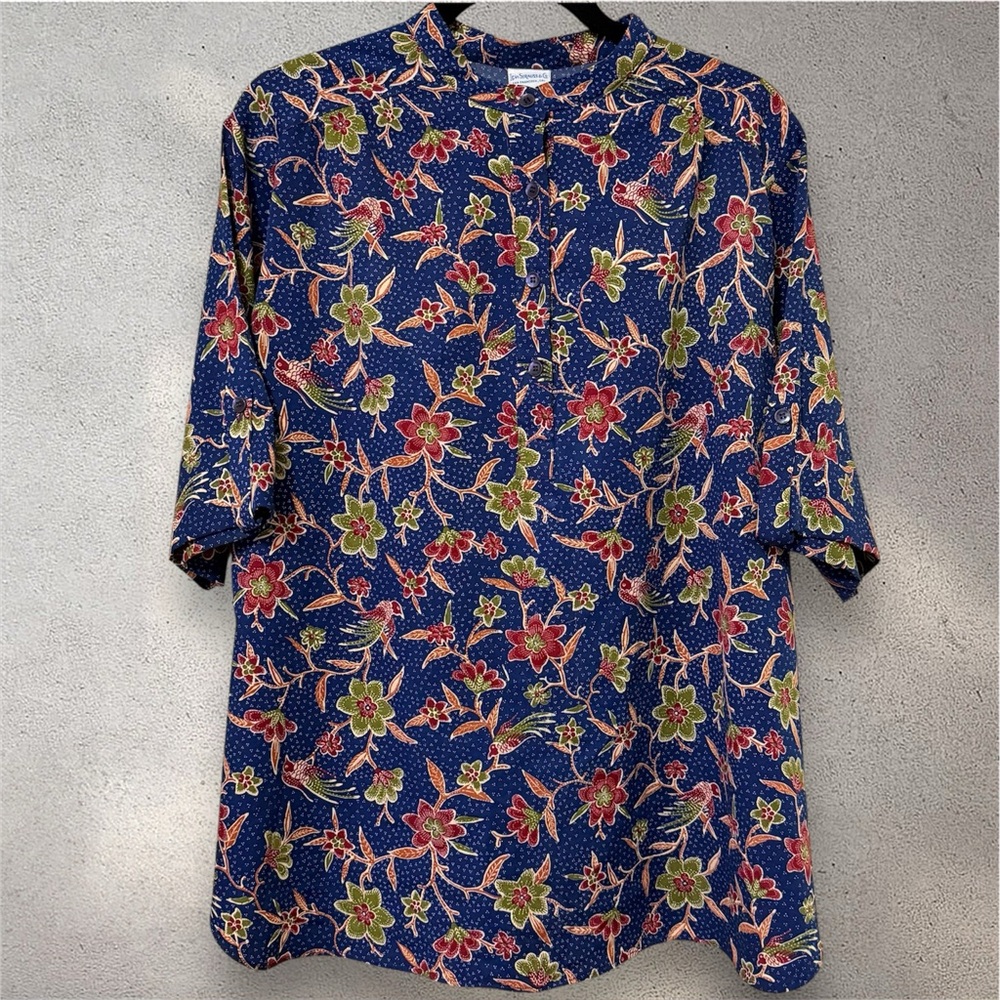 Vintage 70s Levi Strauss Shirt L/XL Navy Floral Bird Popover Cuffed Sleeve Top
